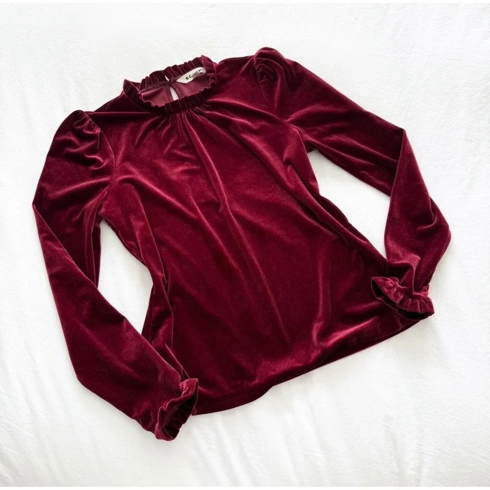 Boden Burgundy Velvet Ruffle Neck Puff Sleeve Top US 6